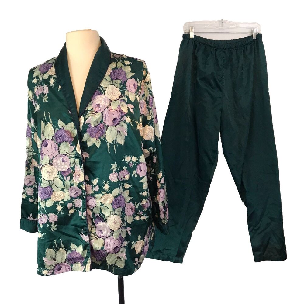 Aria Vintage 80s Womens Green Floral Pajama set, Shirt Pants,‎ Cottage Rose, M